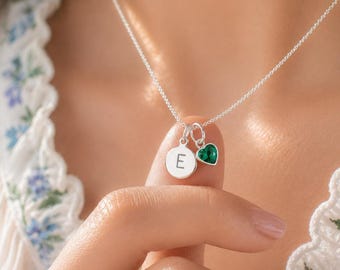 Personalised Initial and Heart Birthstone Necklace in Sterling Silver - Initial Charm pendant - 16" Chain