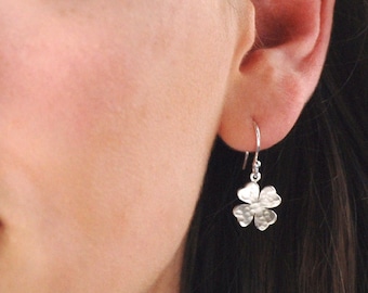 Sterling Silver Clover Leaf Drop Earrings, Lucky Clover Hammered Drops, Four Leaf Clover Dangle Earrings, Good Luck Gift, Wedding Good Luck
