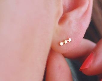 Gold or Silver Tiny Trio Star Ear Climber, Sterling Silver Mini Star Studs, Celestial Studs, Gold Star Line Studs, Three Star Ear Climbers