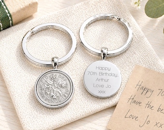 Personalised Lucky 1956 Sixpence Keyring - Engraved 70th Birthday Gift,