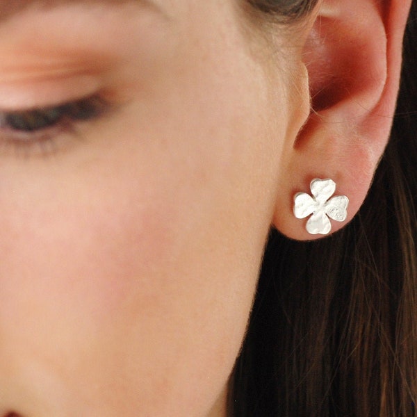 Sterling Silver Clover Leaf Earrings, Lucky Clover Studs, Hammered Four Leaf Clover Studs, Good Luck Gift, Leaving Home Gift, 18th Birthday