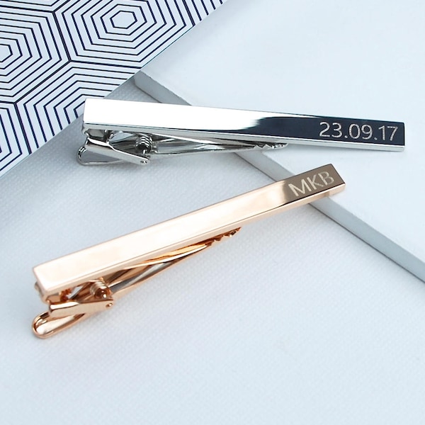 Personalised Tie Clip, Custom Tie Bar, Groomsmen or Usher Gift, Engraved Tie Pin, Rose Gold, Silver, Gold Men's Jewellery, Wedding Day Gift