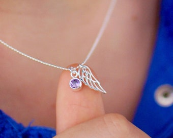 Bespoke Girl's Angel Wing and Birthstone Charm Necklace, Mini Wing and Birthstone Pendant, Sterling Silver Angel Gift, Children's Jewellery