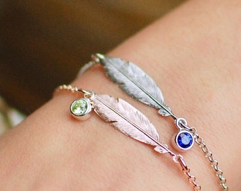 Personalised Silver and Rose Gold Feather and Birthstone Bracelet, Sterling Silver Charm Bracelet, Birthday Bracelet, Bespoke Jewellery
