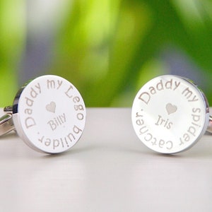 Personalised Unique Dad Cufflinks, Dad Gift from Kids, Engraved Round Silver Cufflinks, Dad my Hero Gift, Child to Dad Gift for Fathers Day image 2