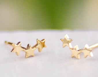 Tiny Gold Star Ear Climber, Gold Mini Three Star Climber, Celestial Studs, Gold Star Earrings, Little Star Ear Climber, Gold Star Climber