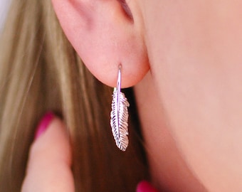 Sterling Silver Single Curved Feather Earrings, Feather Threader Earrings, Feather Hook Drops, Silver Feather Jewellery, Mothers Day Gift