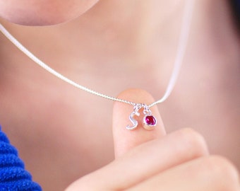 Girl's Birthstone and Mini Script Initial Necklace in Sterling Silver with CZ Stone