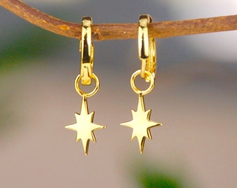 Gold 8 point Star Hoop Drop Earrings, Star Hoop Dangle Earrings, Gold Huggie Earrings, Huggie Hoops, Small Huggie, Star Drop Earrings