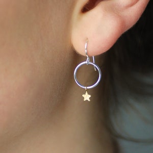 Tiny Silver Hoops with Gold Star Drops, Silver And Gold Star Drop Earrings, Gift for Friends, Gold and Silver Star Hoops, Letterbox Gift image 1