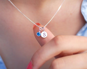 Personalised Sterling Silver Initial Birthstone Necklace 16&quot; Chain,Custom Ladies Alphabet Letter Pendant,Women&#39;s Girls Birthday Jewelry Gift