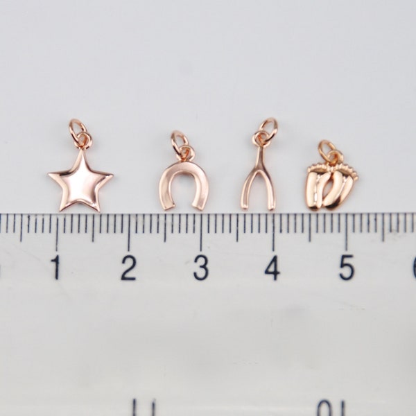 Rose Gold Charms For Jewellery, Dainty Charms, Wishbone, Baby Feet, Star and Horseshoe Charms for Jewellery Making, Craft Charms