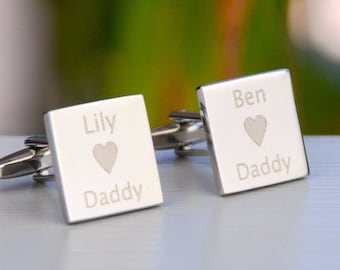 Personalised Heart Daddy Cufflinks, Silver Square Cuff Links, Engraved Love Daddy Gift, Custom Fathers Day Gift from Children, Grandad Gift