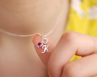 Sterling Silver Mini Script Initial Necklace, Birthstone Charm, Personalised Pendant