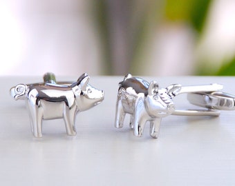 Personalized Pig Cufflinks, Novelty Silver Animal Cuff Links, Engraved Box