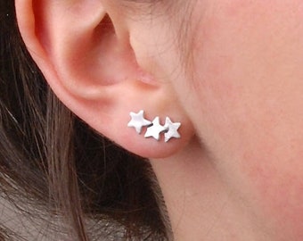 Hand Crafted Sterling Silver Overlapping Stars Ear Climber, Silver Stars Studs, Celestial Earrings, Lunar Earrings, Silver Earrings for Her