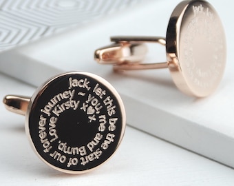 Personalised Us and Bump Cufflinks, Customised Circle Cuff links, Spiral Font Engraved Message Cufflinks, Gift for New Dad To Be, New Baby.