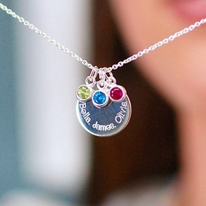 Collar con piedra natal con nombres de familia personalizados, colgante con piedra natal en plata de ley, collar con nombres de familia personalizado, regalo familiar para el día de la madre