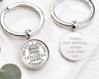 Personalised Lucky 1946 Sixpence Keyring, Custom 80th Birthday Keepsake