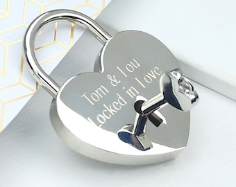 Personalised Silver Heart Love Lock Padlock, Padlock with Key, Gift for Lovers, Engagement Gift, Wedding Day Keepsake, Custom Love Token