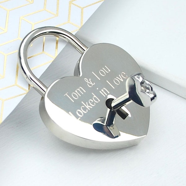 Personalised Silver Heart Love Lock Padlock, Padlock with Key, Gift for Lovers, Engagement Gift, Wedding Day Keepsake, Custom Love Token