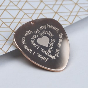 Custom Spiral Font Engraved Guitar Plectrum, Personalised Silver Guitar Pick, Bespoke Contemporary Rose Gold Plectrum, Gift for Music Lover
