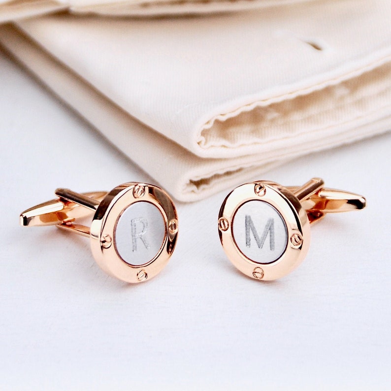 Bespoke Monogrammed Porthole Initial Cufflinks, Personalised Rose Gold and Silver Letter Cuff links, Alphabet Initial Wedding Cufflinks, image 2