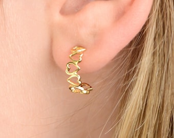 Gold Open Heart Hoop Earrings, Heart Hoop Earrings, Little Gold Earrings, Gold Heart Hoops, Love Heart Earrings, Prom Earrings