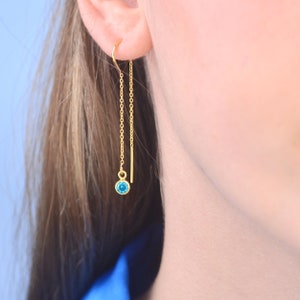 Gold Birthstone Threader Earrings, Gold Dangly Drop Earrings, Gemstone birthday earrings for her, Gift for Mum, Special Birthday Gift