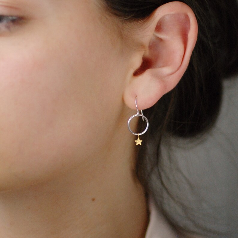 Tiny Silver Hoops with Gold Star Drops, Silver And Gold Star Drop Earrings, Gift for Friends, Gold and Silver Star Hoops, Letterbox Gift image 3