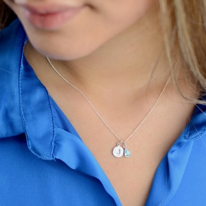 Collar de piedra natal en forma de lágrima con inicial de plata personalizado, cadena de 16", colgante de letra del alfabeto para mujer personalizado, joyería de cumpleaños con piedra natal para mujer