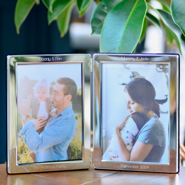 Personalised Silver Double Photo Frame, Engraved Portrait 7" x 5" Double Photograph Frame, Anti-Tarnish Silver Picture Frame, Wedding Gift
