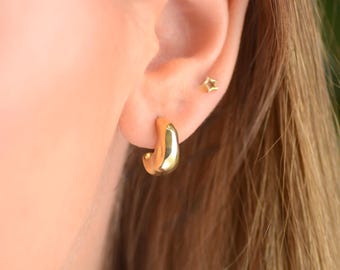 Gold Molten Misshaped Huggie Hoop Earrings, Chunky Misshapen Lava Huggie, Gold Wave Huggie, Contemporary Melted Earrings, Gold Molten Hoops