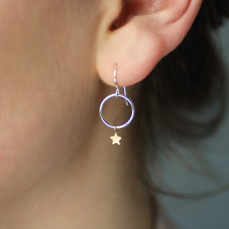 Tiny Silver Hoops with Gold Star Drops, Silver And Gold Star Drop Earrings, Gift for Friends, Gold and Silver Star Hoops, Letterbox Gift image 1