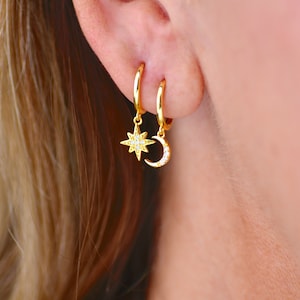 Mismatched Gold CZ Moon And Star Huggie Hoop Earrings, Moon and Star Earrings, Little Hoop Earrings, Sparkly Gold Huggies, Celestial Huggies