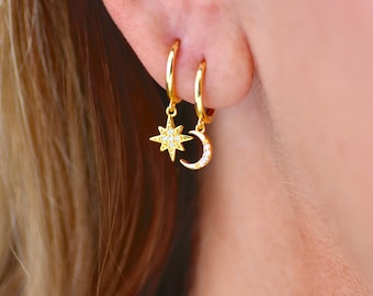 Mismatched Gold CZ Moon And Star Huggie Hoop Earrings, Moon and Star Earrings, Little Hoop Earrings, Sparkly Gold Huggies, Celestial Huggies