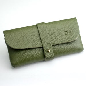 Personalised Men's Leather glasses case shown in khaki leather with DE debossed initials.