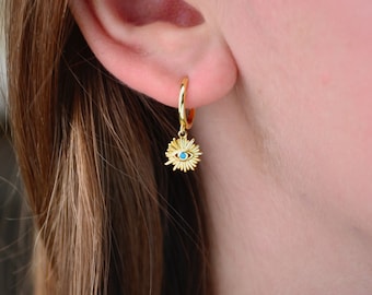 Gold And Turquoise Evil Eye Huggie Earrings, Gold and Turquoise Aztec Drop Earrings, Gold Evil Eye Earrings, Gold and Turquoise Huggies