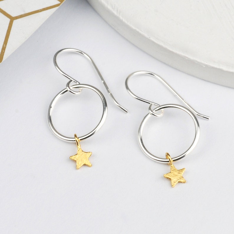 Tiny Silver Hoops with Gold Star Drops, Silver And Gold Star Drop Earrings, Gift for Friends, Gold and Silver Star Hoops, Letterbox Gift image 2