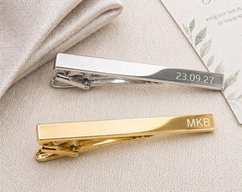 Personalised Tie Clip, Engraved Tie Bar, Silver, Gold or Gunmetal Wedding Accessory
