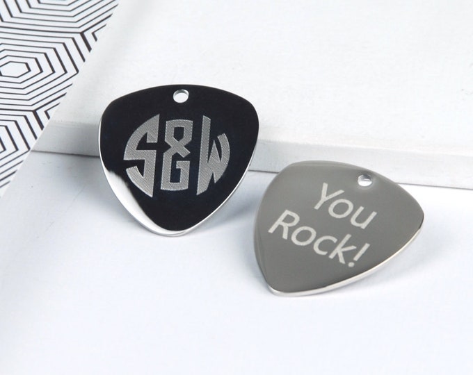 Engraved Plectrum in Silver or Rose Gold - Personalised with Monogram Initials and Message