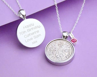 Personalised 1956 Sixpence and Birthstone Necklace, 70th Birthday Gift, Birthstone Silver Coin Pendant