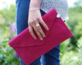 Personalised Suede Envelope Clutch Bag with Engraved Bag Charm