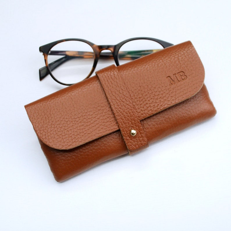 Personalised Men's Leather glasses case shown in tan leather with MB debossed initials.