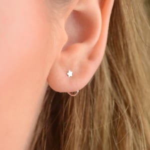 Star Pull Through Stud Earrings in Sterling Silver - Tiny Open Hoop Star Stud