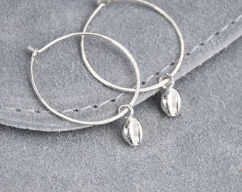 Sterling Silver Cowrie Shell Drop Earrings, Silver Hoop with Silver Cowrie Shell Charm Drops, Beach Lover Gift, Ocean Themed Hoop Earrings