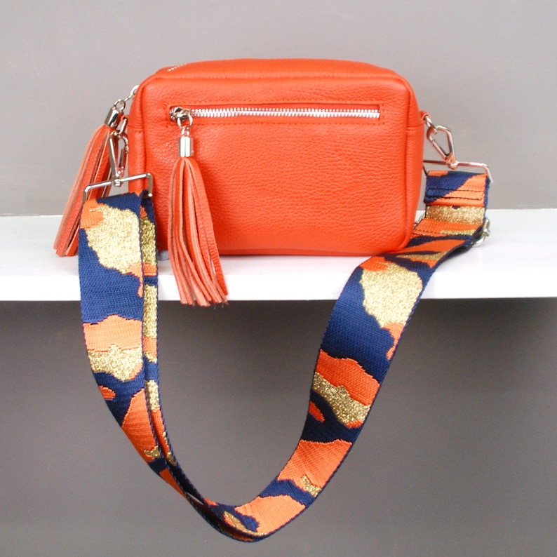 Orange Leather Crossbody Bag with Orange Camo strap