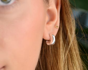 Silver Organic Hoop Earrings, Modern Silver Hoops
