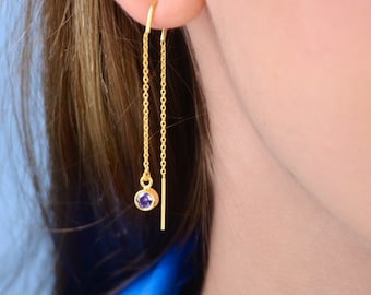 Gold Vermeil  Birthstone Threader Earrings, Gold Birthstone Drop Earrings, 18th Birthday Gift, Mothers Day Gift for Mum, Gold Dangle Earring