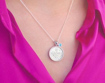Personalised 1966 Sixpence and Birthstone Necklace, 60th Birthday Gift, Birthstone Silver Coin Pendant
